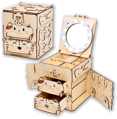 3D Wooden Puzzle Cat Treasure Box with Mirror