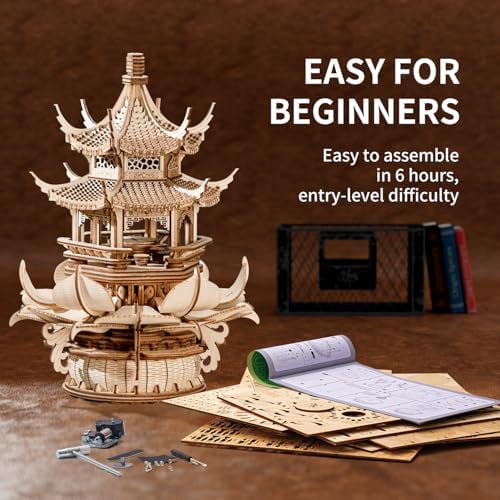 RUIFAM 3D Wooden Puzzle Lotus Pavilion Music Box Assembly Kit