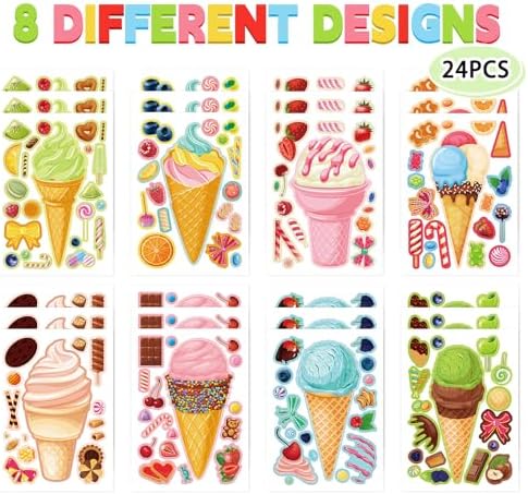 DaiUni 24 Sheet Ice Cream Face Sticker Set for Kids Crafts