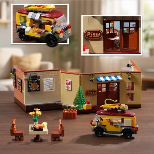 City Street Pizza Restaurant Building Set with Light 1098PCS Pizzeria House Architecture Model