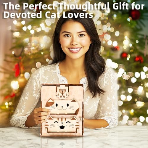 3D Wooden Puzzle Cat Treasure Box with Mirror