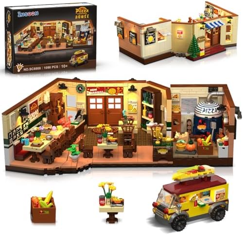 City Street Pizza Restaurant Building Set with Light 1098PCS Pizzeria House Architecture Model