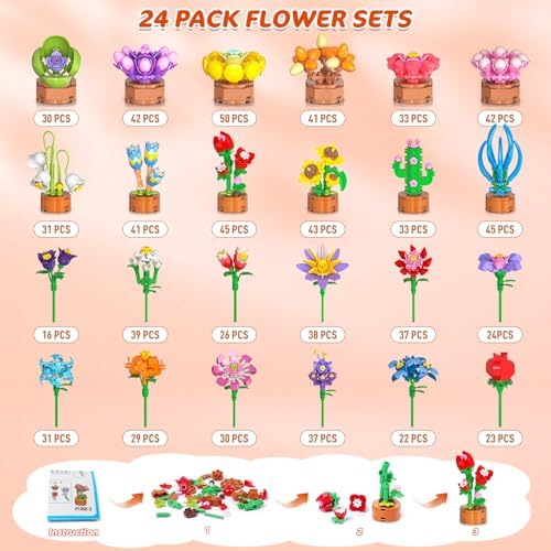 CUBIMANA 24 Pack Flower Building Blocks Toy Set for Kids Ages 6