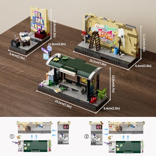 FUNWHOLE Graffiti Bus Stop Building Bricks Set 514 Pcs