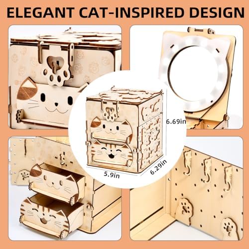 3D Wooden Puzzle Cat Treasure Box with Mirror