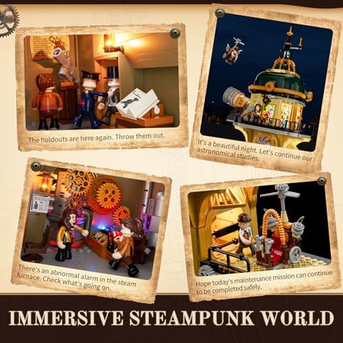 FUNWHOLE Steampunk Observatory Tower Lighting Building Set 2744 Pcs