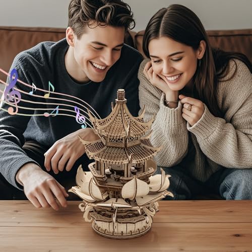 RUIFAM 3D Wooden Puzzle Lotus Pavilion Music Box Assembly Kit
