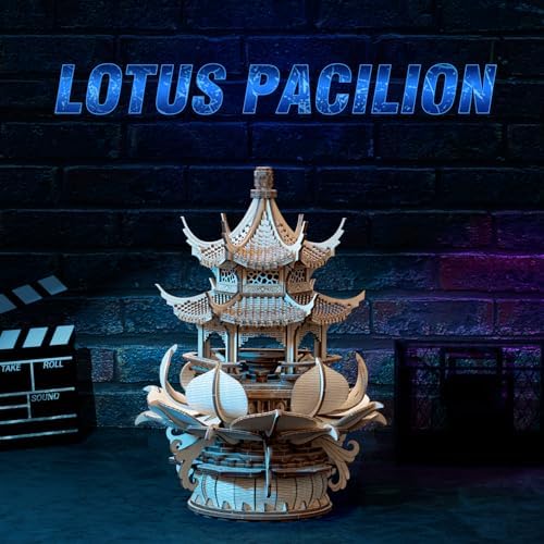 RUIFAM 3D Wooden Puzzle Lotus Pavilion Music Box Assembly Kit