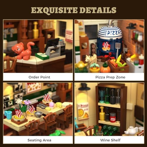 City Street Pizza Restaurant Building Set with Light 1098PCS Pizzeria House Architecture Model