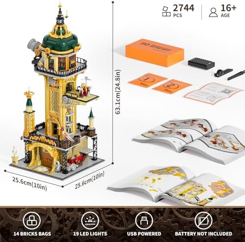FUNWHOLE Steampunk Observatory Tower Lighting Building Set 2744 Pcs