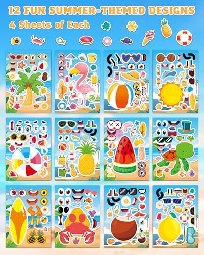 Aowplc 48 Sheets Summer Fun Make-a-Face Sticker Set for Kids