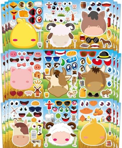 36 Pcs Farm Animals Make-A-Face Sticker Sheets for Kids