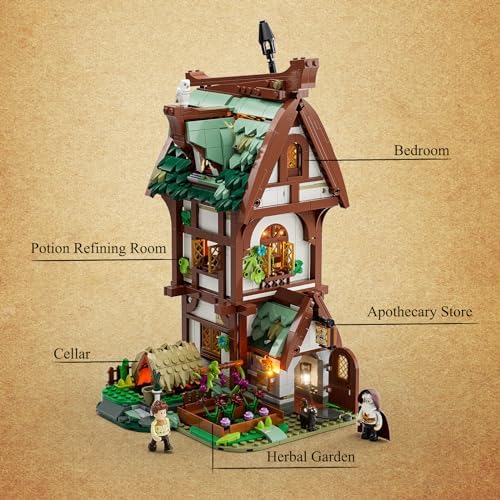 FUNWHOLE Medieval Apothecary Shop Building Set with Lights