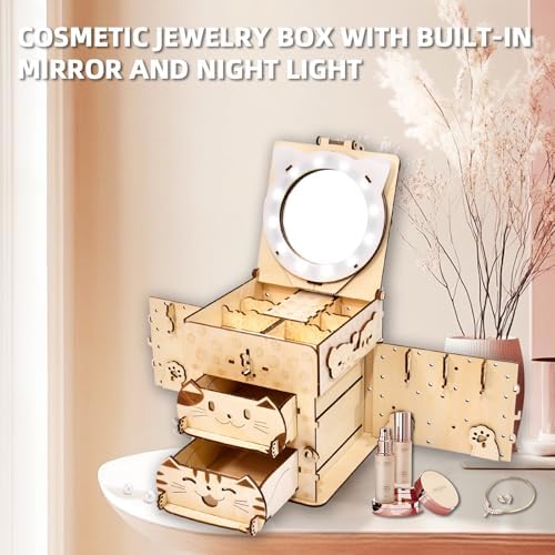 3D Wooden Puzzle Cat Treasure Box with Mirror