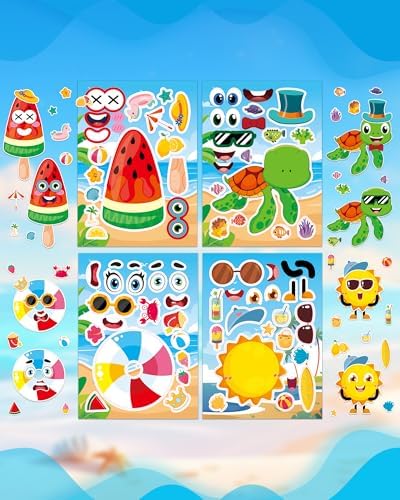 Aowplc 48 Sheets Summer Fun Make-a-Face Sticker Set for Kids