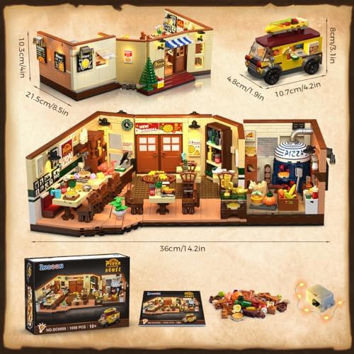 City Street Pizza Restaurant Building Set with Light 1098PCS Pizzeria House Architecture Model