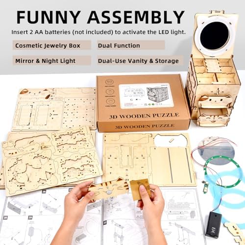 3D Wooden Puzzle Cat Treasure Box with Mirror