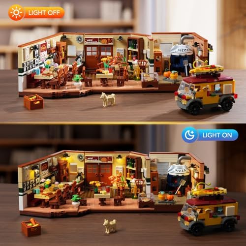 City Street Pizza Restaurant Building Set with Light 1098PCS Pizzeria House Architecture Model