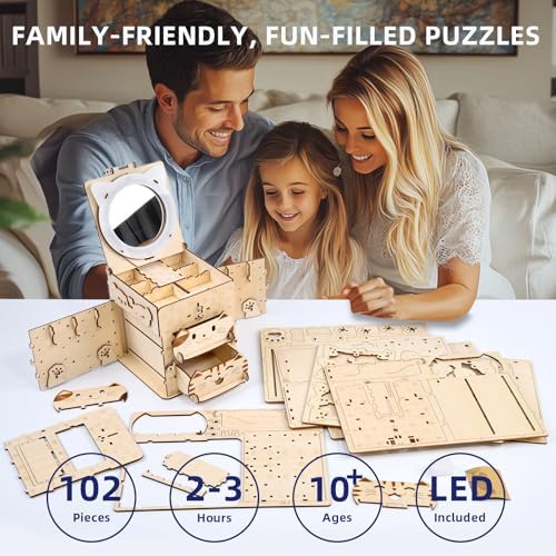 3D Wooden Puzzle Cat Treasure Box with Mirror