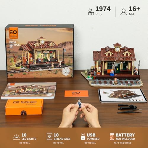 FUNWHOLE Wild West Train Station Building Set 1975 Pcs