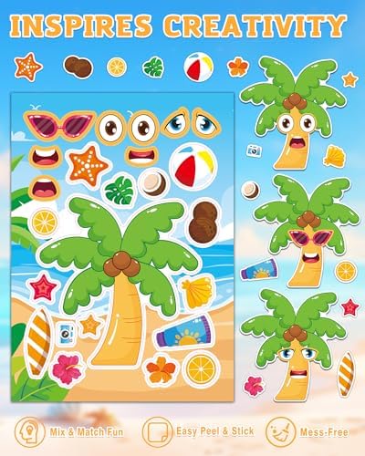 Aowplc 48 Sheets Summer Fun Make-a-Face Sticker Set for Kids