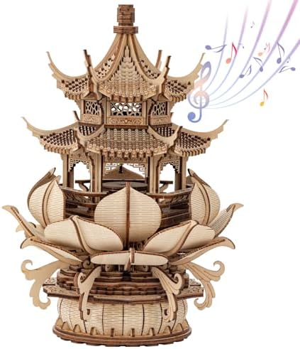 RUIFAM 3D Wooden Puzzle Lotus Pavilion Music Box Assembly Kit