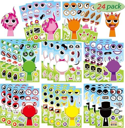 24PCS 9x6 Cute Make-A-Face Sprunki Stickers for Kids