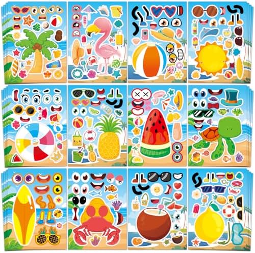 Aowplc 48 Sheets Summer Fun Make-a-Face Sticker Set for Kids