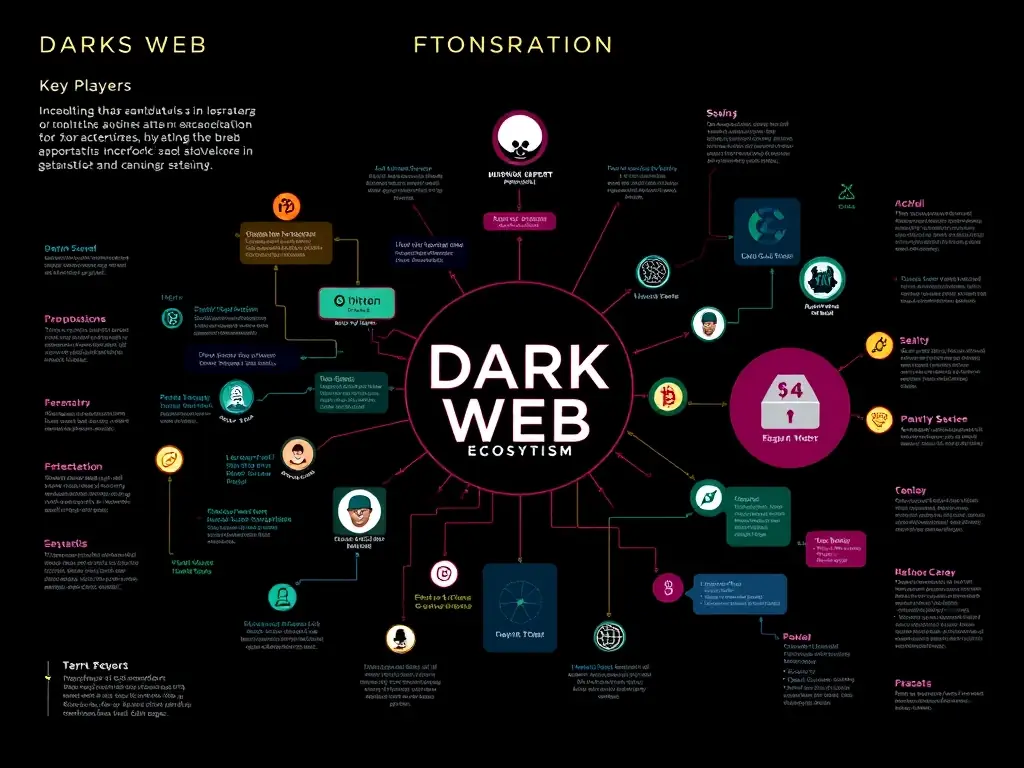 An infographic illustrating the dark web ecosystem and its various components, highlighting key players and transaction flows.