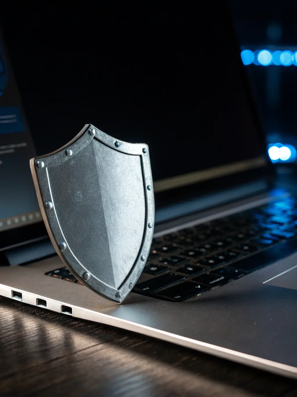 A conceptual image representing a shield protecting data from cyber threats, with a magnifying glass highlighting potential vulnerabilities, illustrating NYXORATECH's threat identification service.